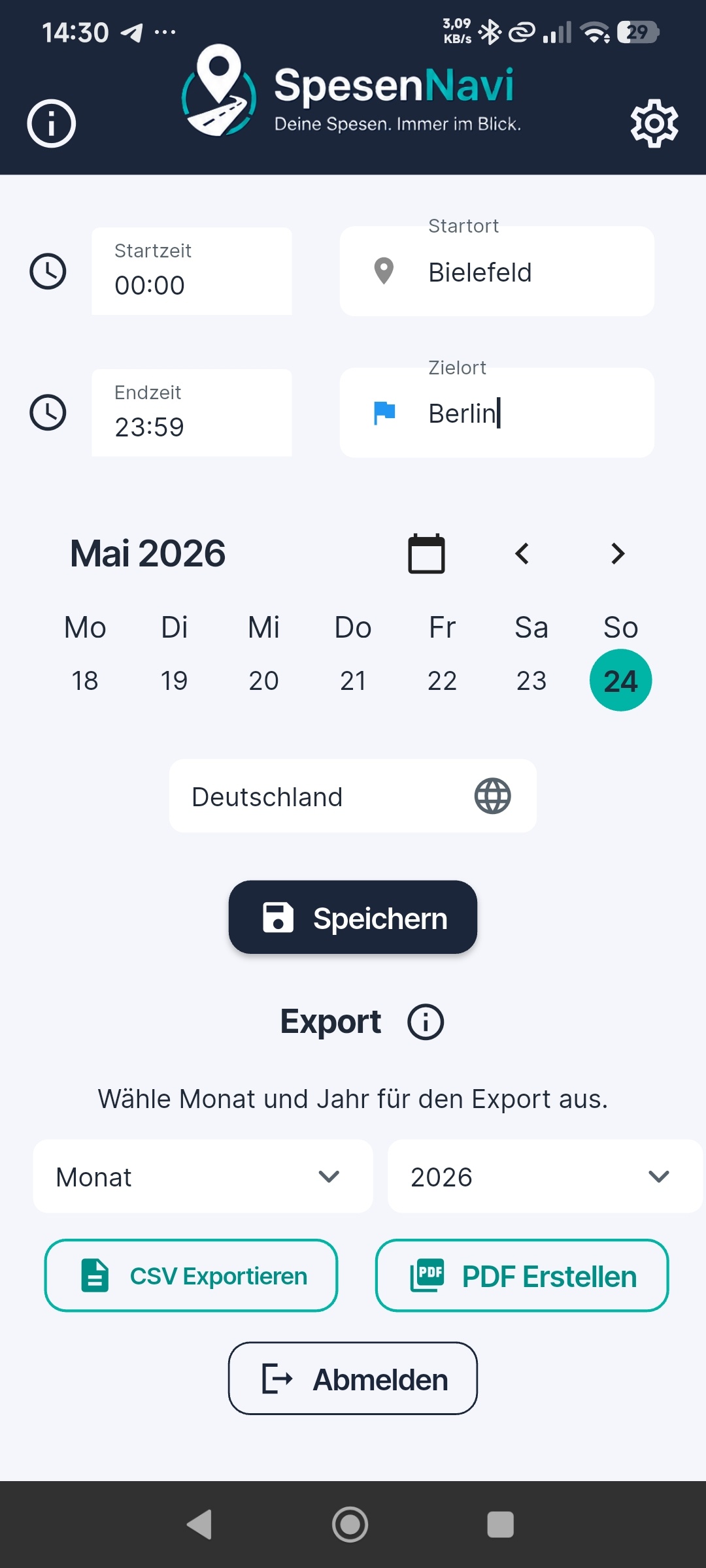 SpesenNavi App - Neue Fahrt erfassen